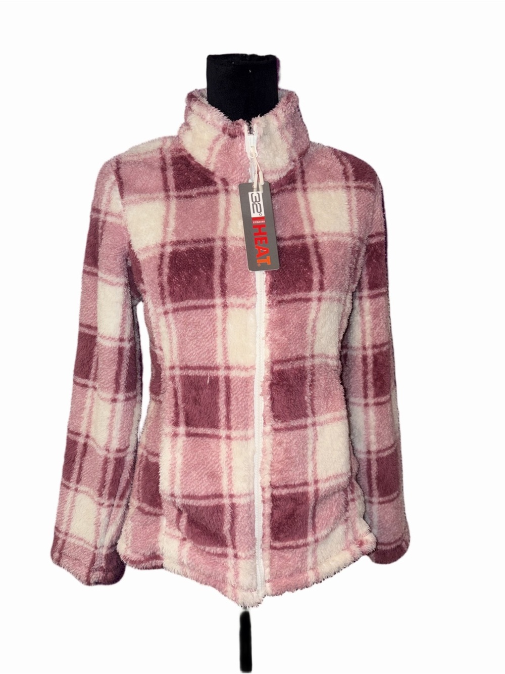 NWT 32 Degrees Heat Pink Plaid Teddy Jacket Sherpa Fleece Zip Front Small